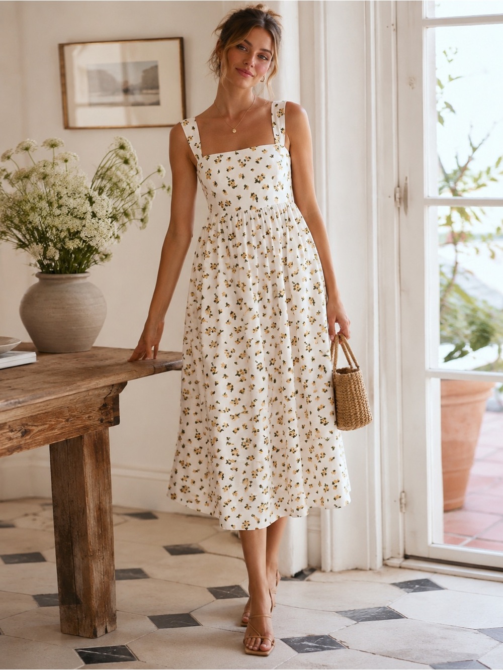 J.Crew Squareneck Midi Dress Budding Rose Floral Print Size 2 sundress prairie